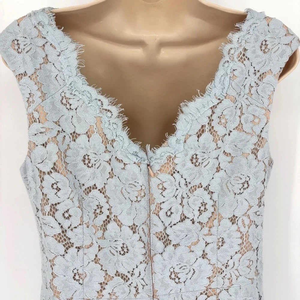 Eliza J Light Blue Floral Lace V-Neck Sheath Dress Eyelash Trim Petite 12P NEW